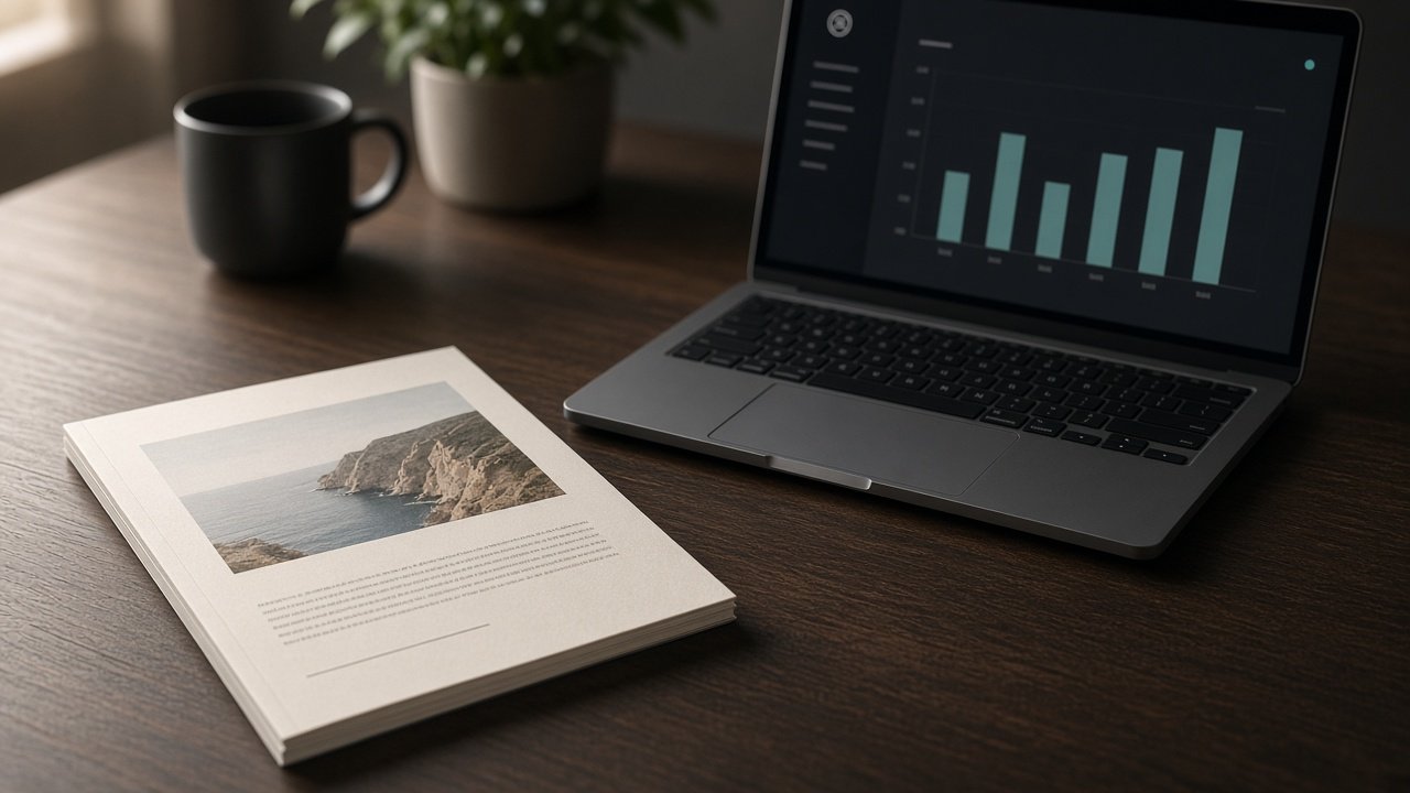A printed weekly brief on a desk next to a laptop